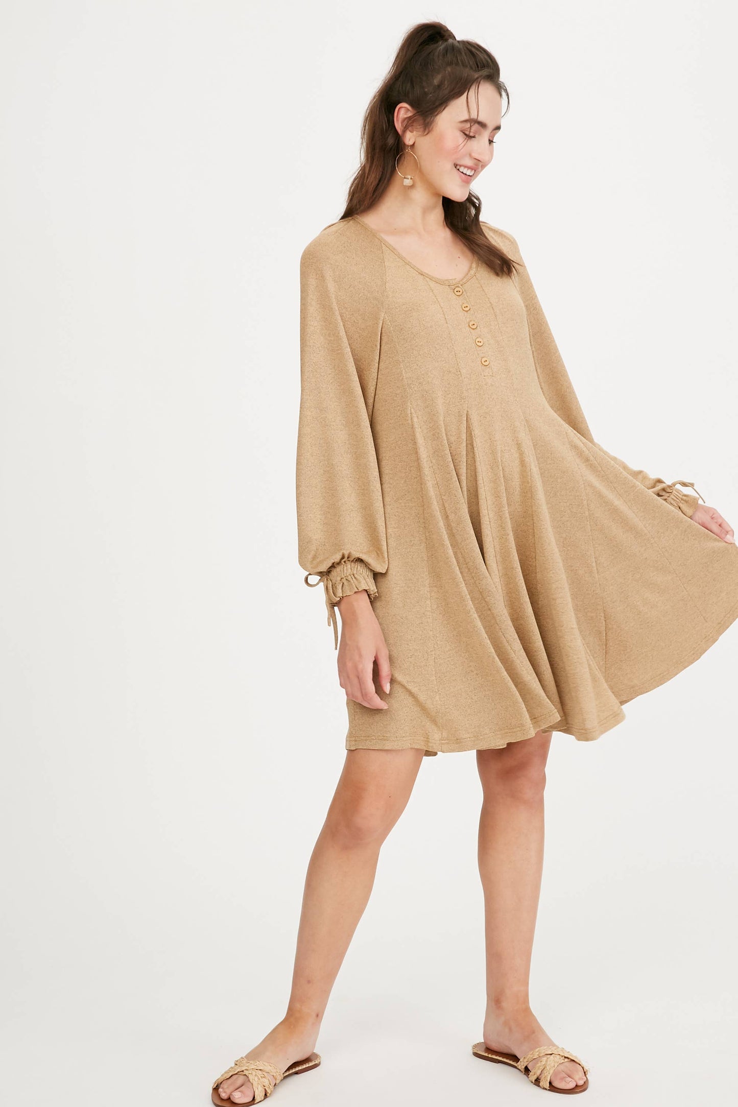 Drawstring Cuff Knit Babydoll Dress LD0804