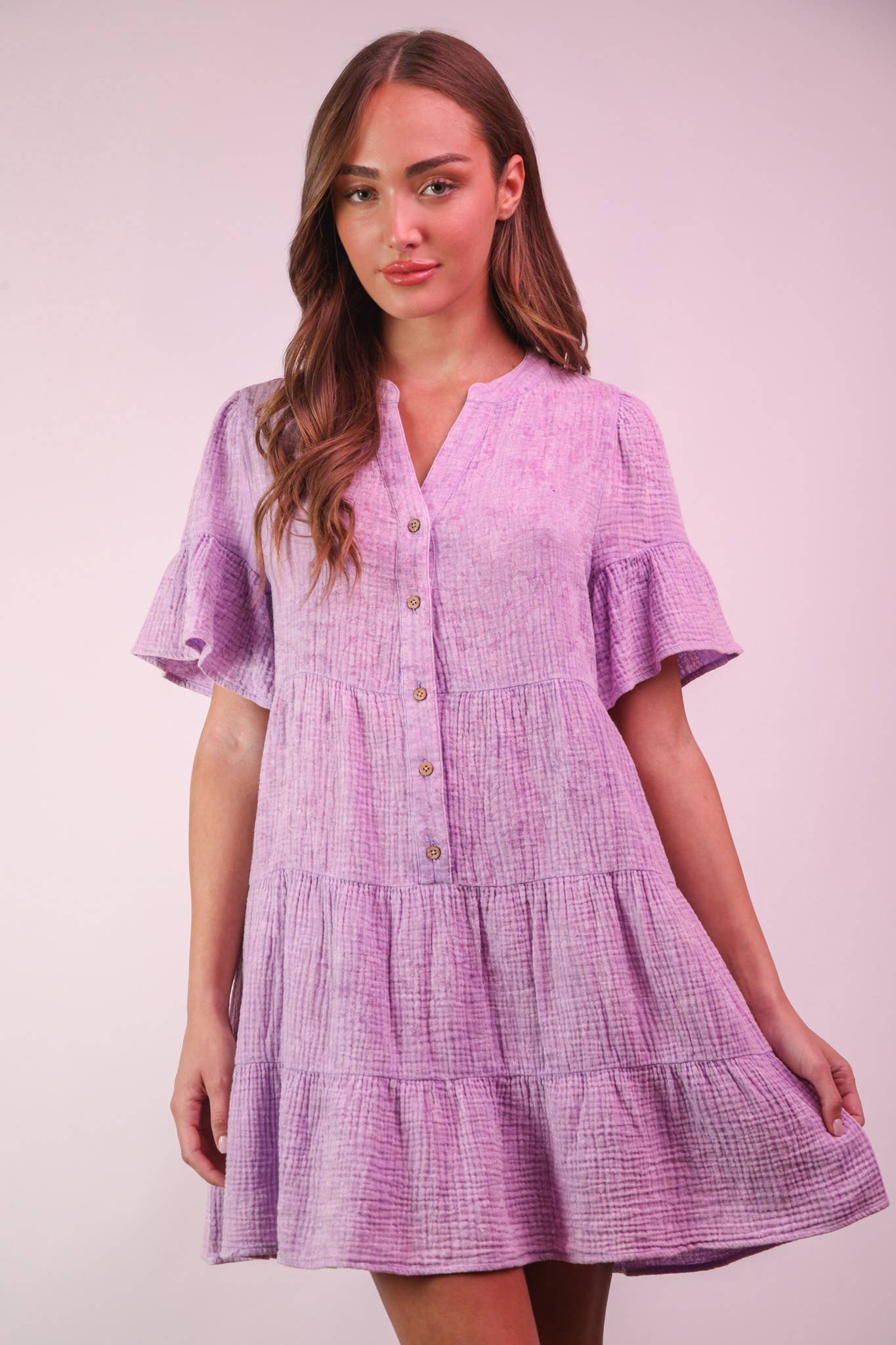 ND31579-Mineral Washed Baby Bell Sleeve Woven Mini Dress