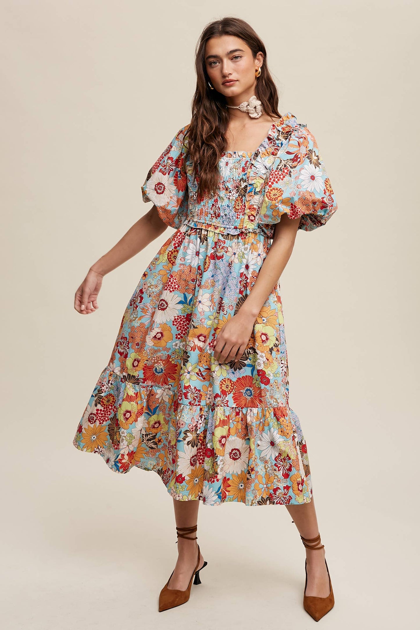 Vintage Flower Print Puff-Sleeve Midi Dress