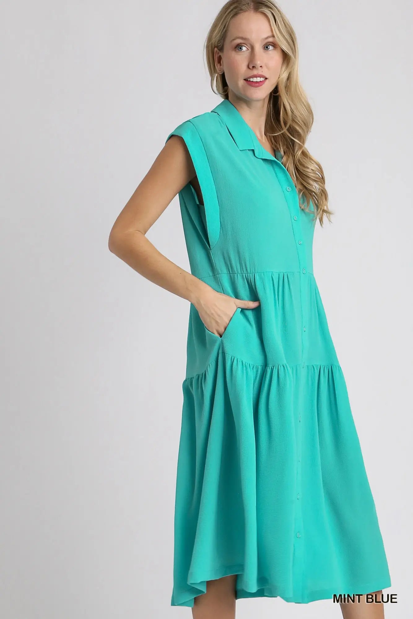 Mint Blue Collar Pocket Dress