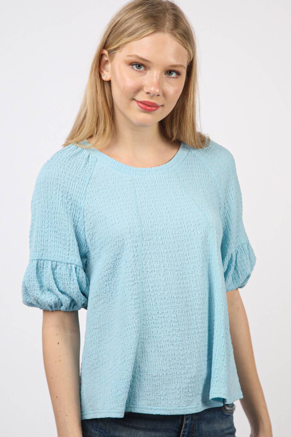 NT11467-Half Puff Sleeve Crinkle Knit Top