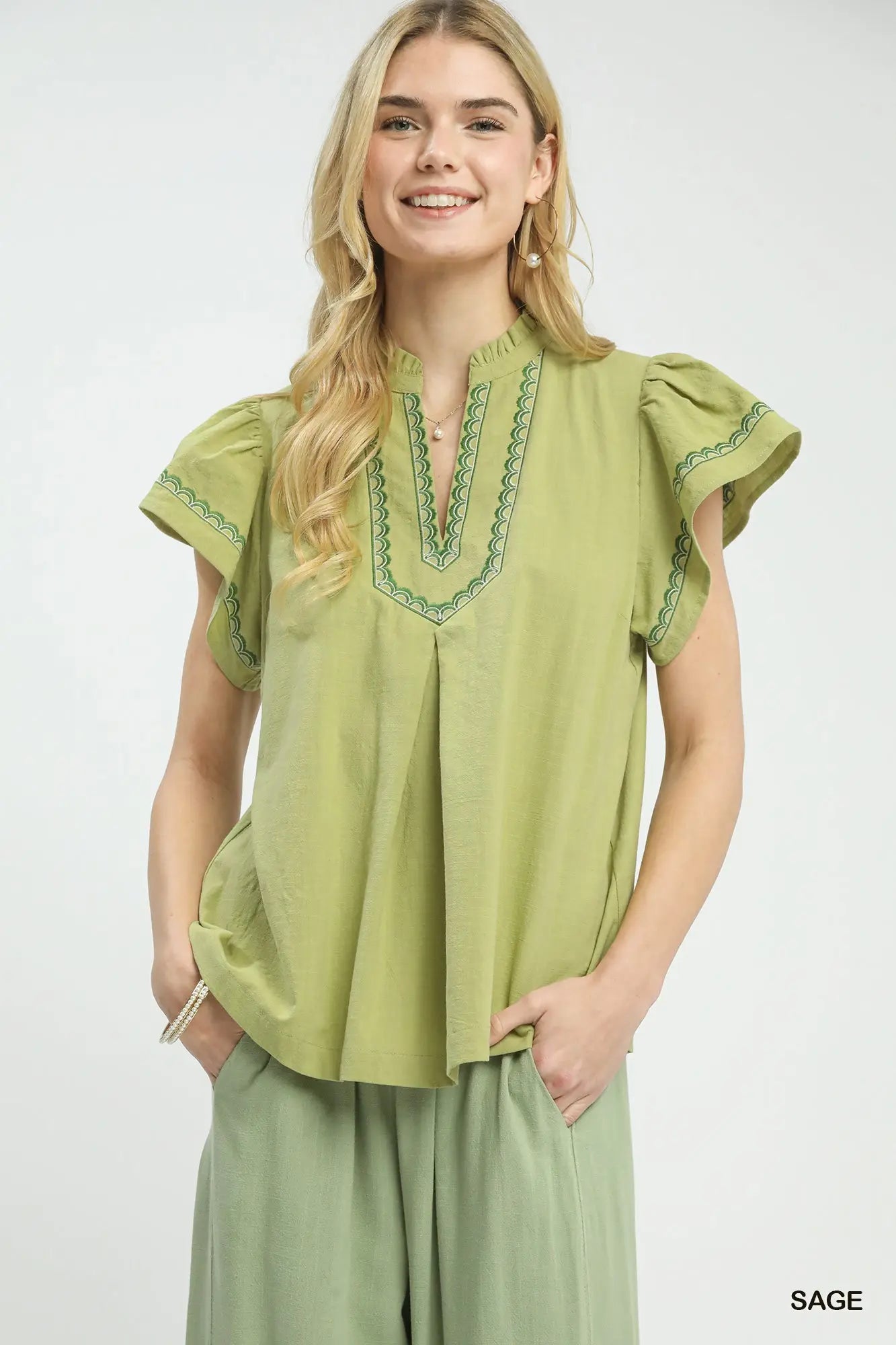 Embroidered Flutter Sleeve Top