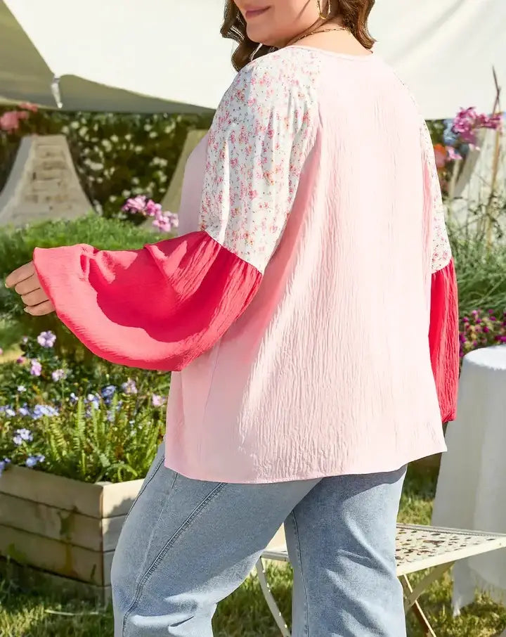 Pink Contrast Floral Patchwork Long Sleeve Plus Size Blouse