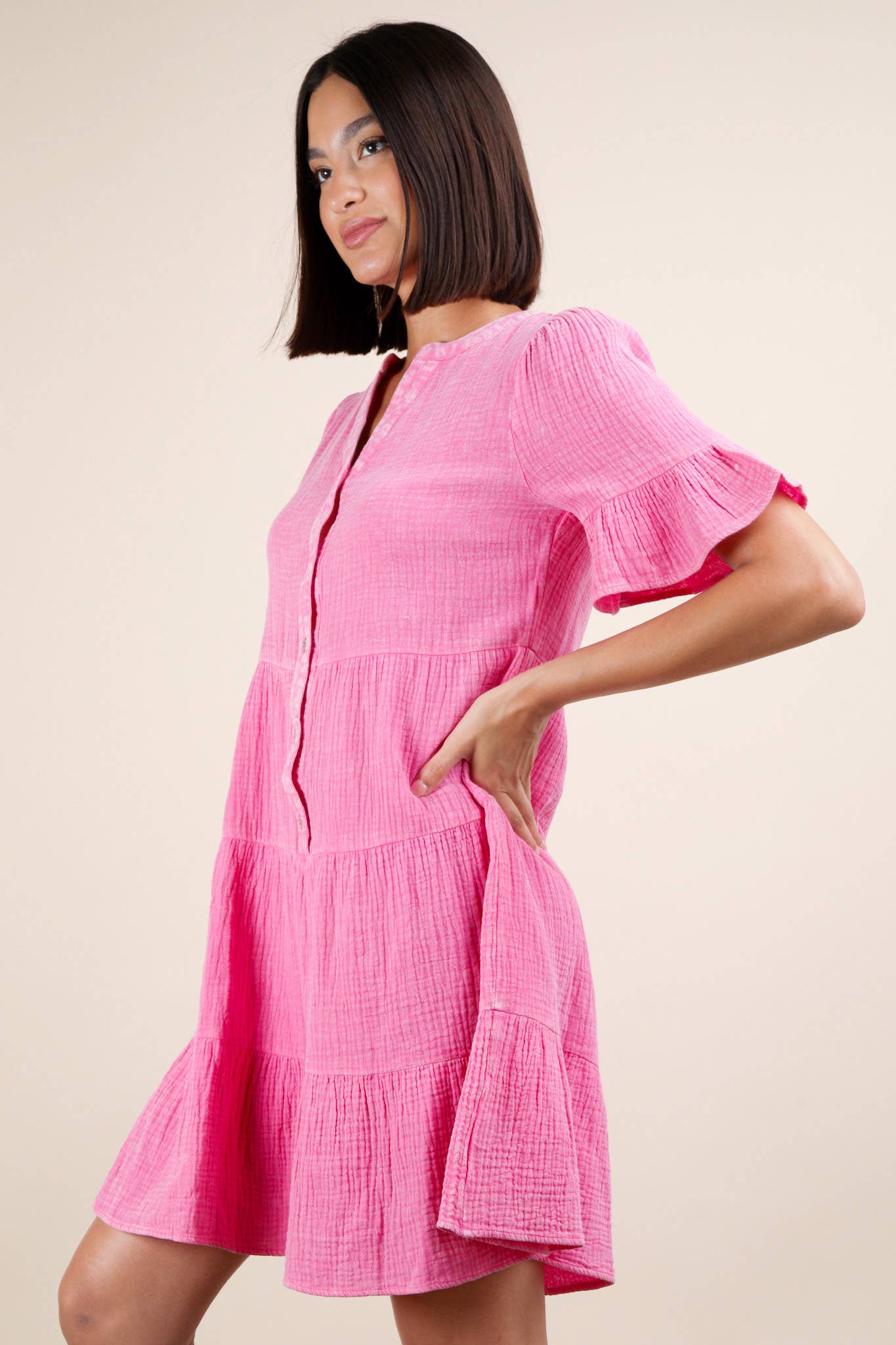 ND31579-Mineral Washed Baby Bell Sleeve Woven Mini Dress
