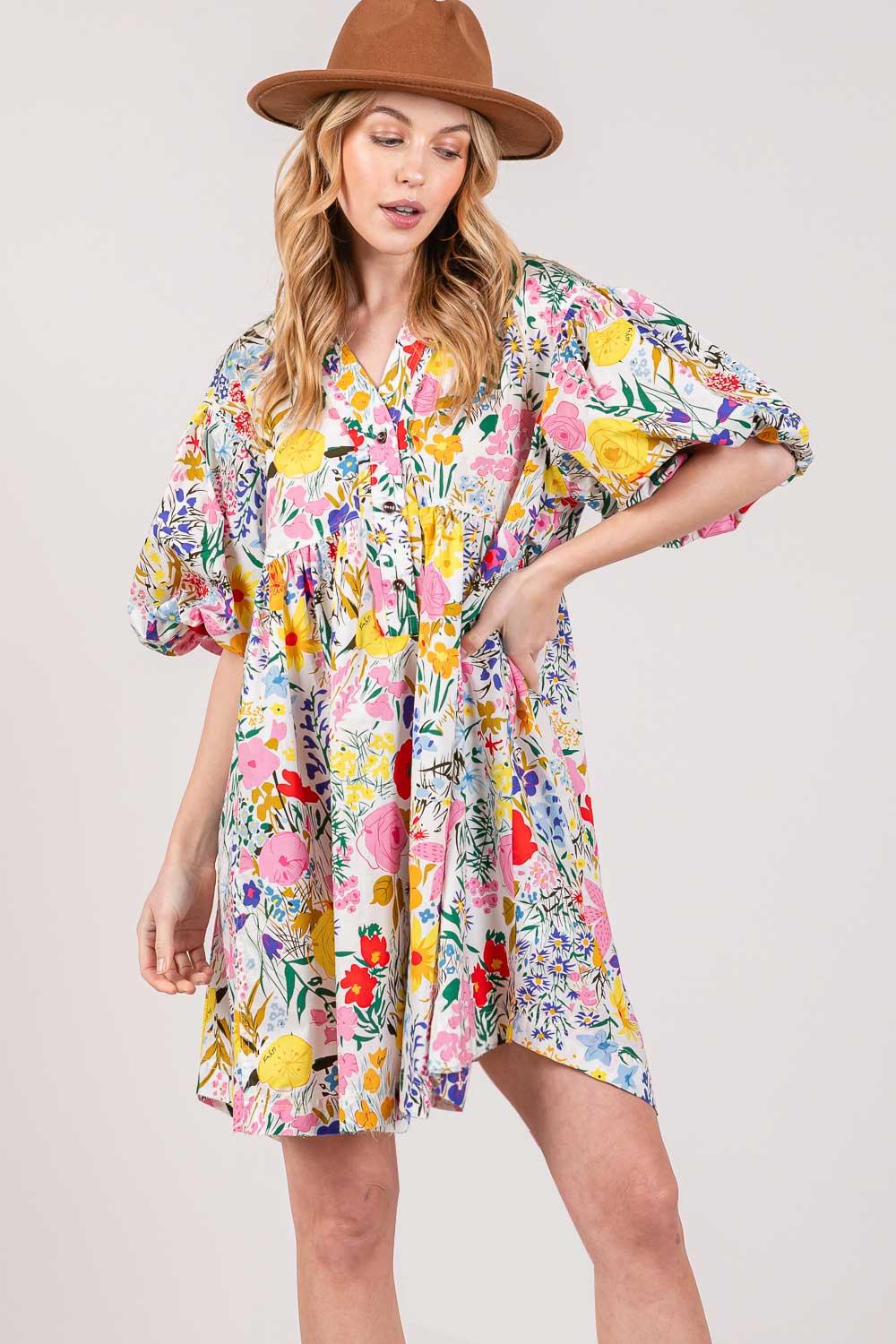 HALF BUTTON BUBBLE SLEEVE FLORAL MIDI DRESS
