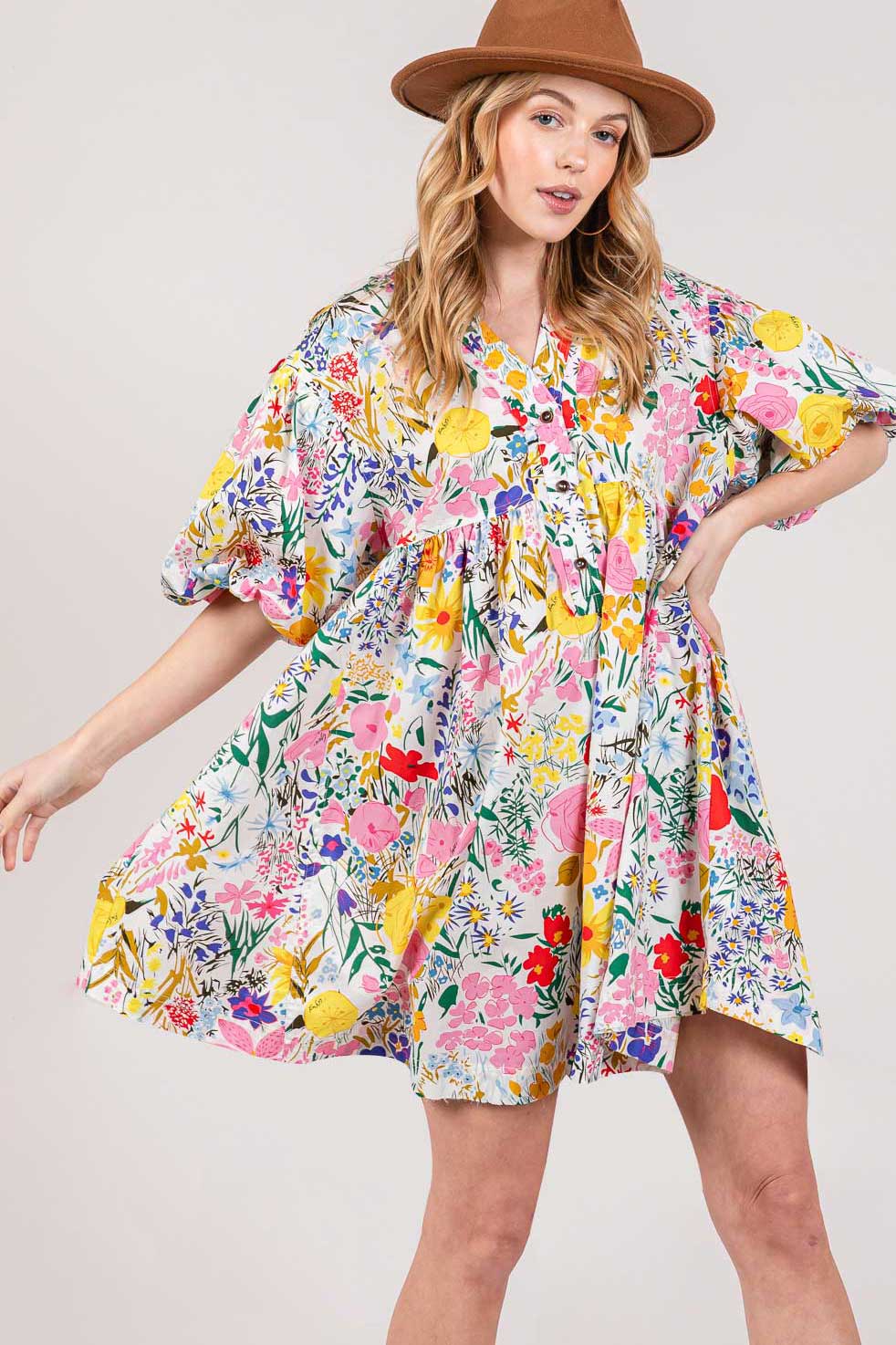 HALF BUTTON BUBBLE SLEEVE FLORAL MIDI DRESS