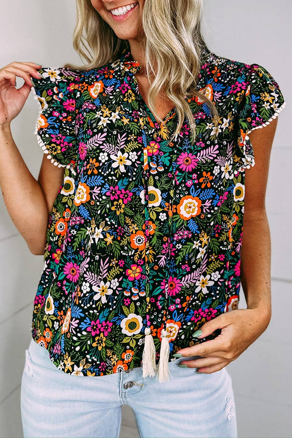 Women's Lace Trim Flutter Sleeve Tropical Floral Blouse
