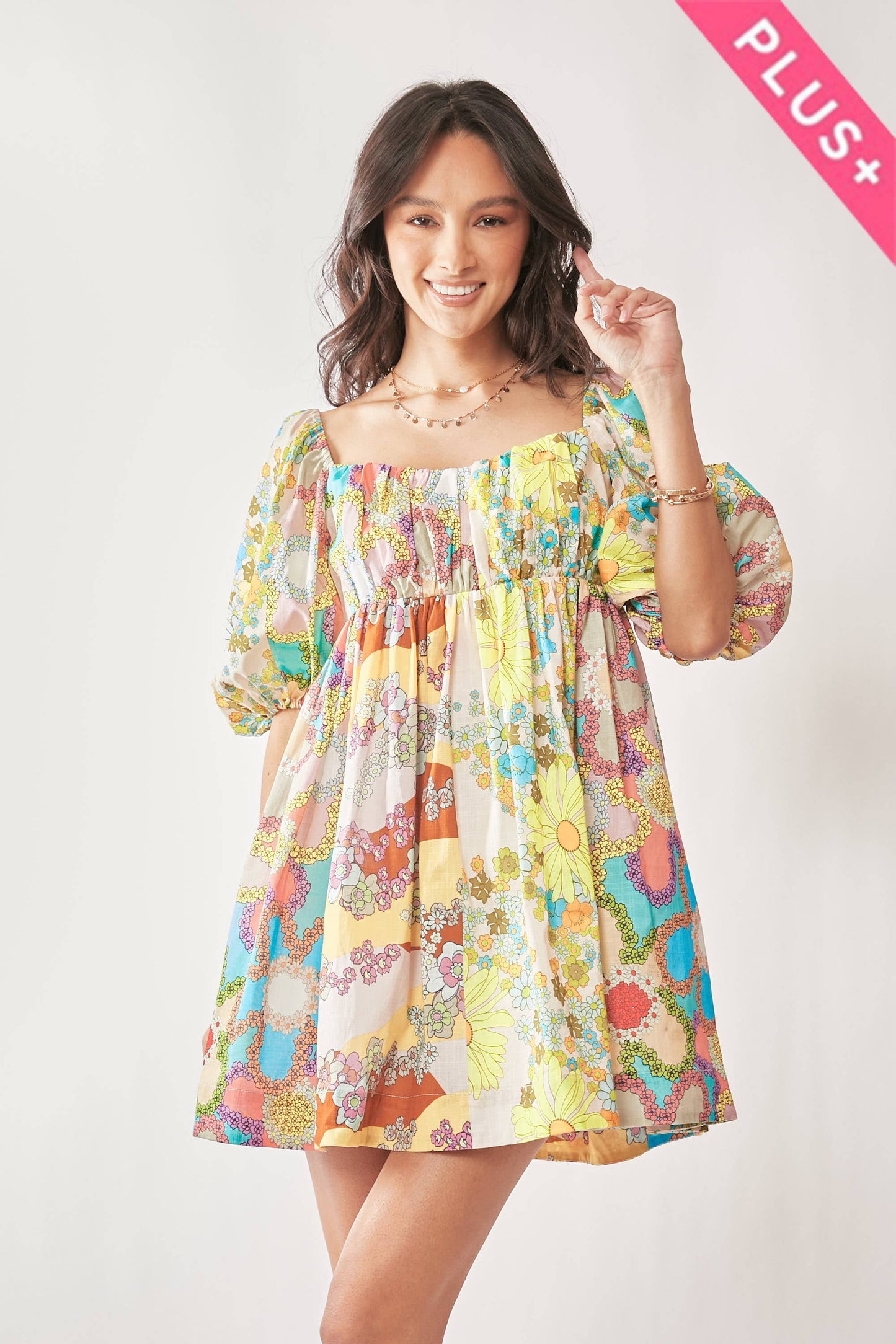PLUS FLORAL PUFF SHORT SLEEVE BABYDOLL MINI DRESS