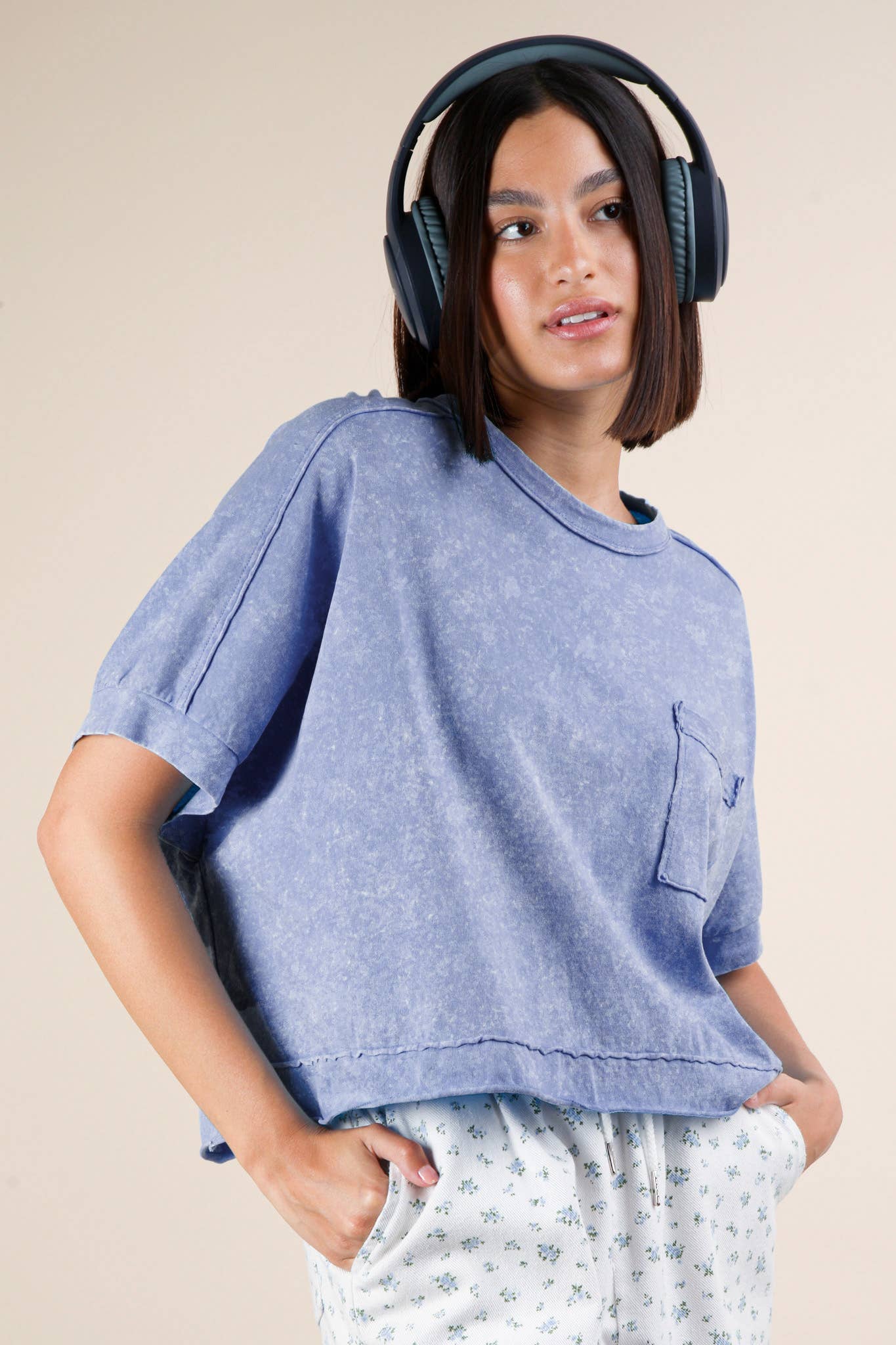 NT11429-Mineral Washed Oversized Crop Comfy Knit Top