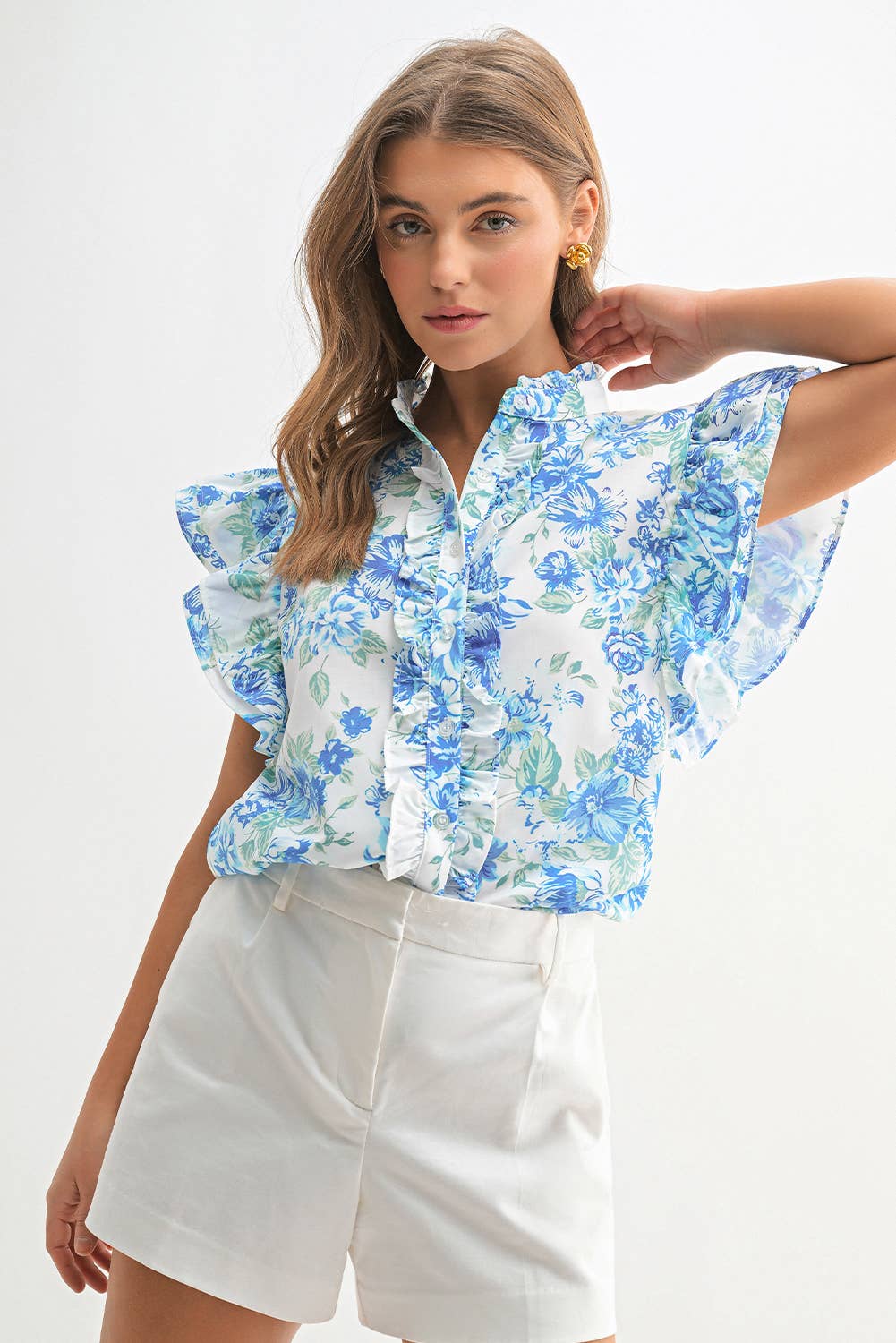 Chic Floral Print Ruffle Frilly Button Up Shirt | S-XL