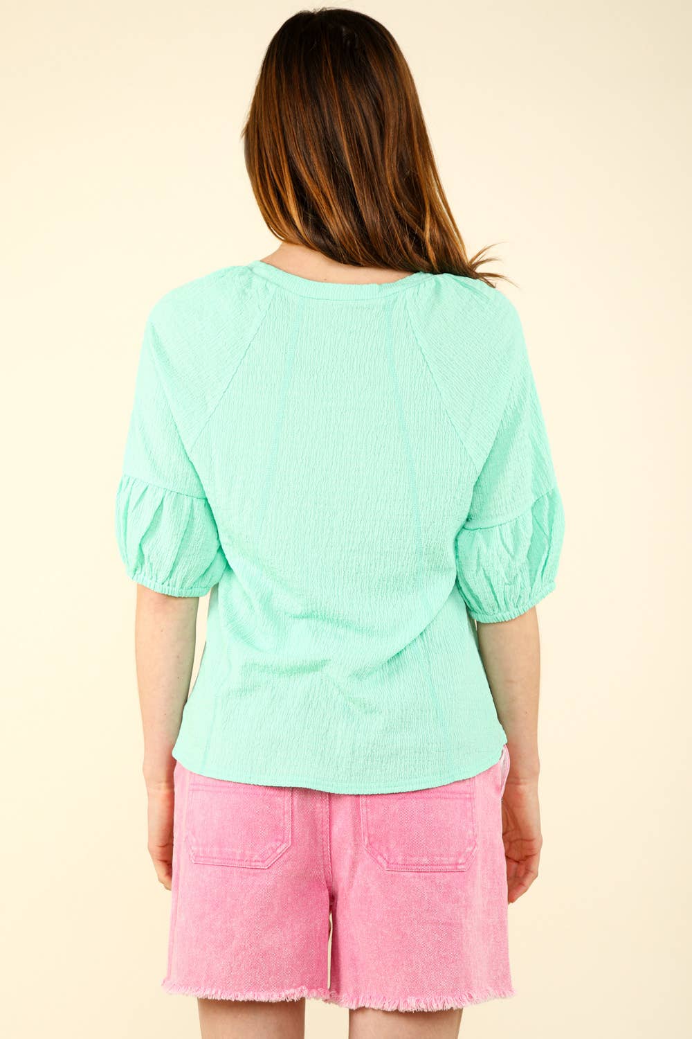 NT11467-Half Puff Sleeve Crinkle Knit Top