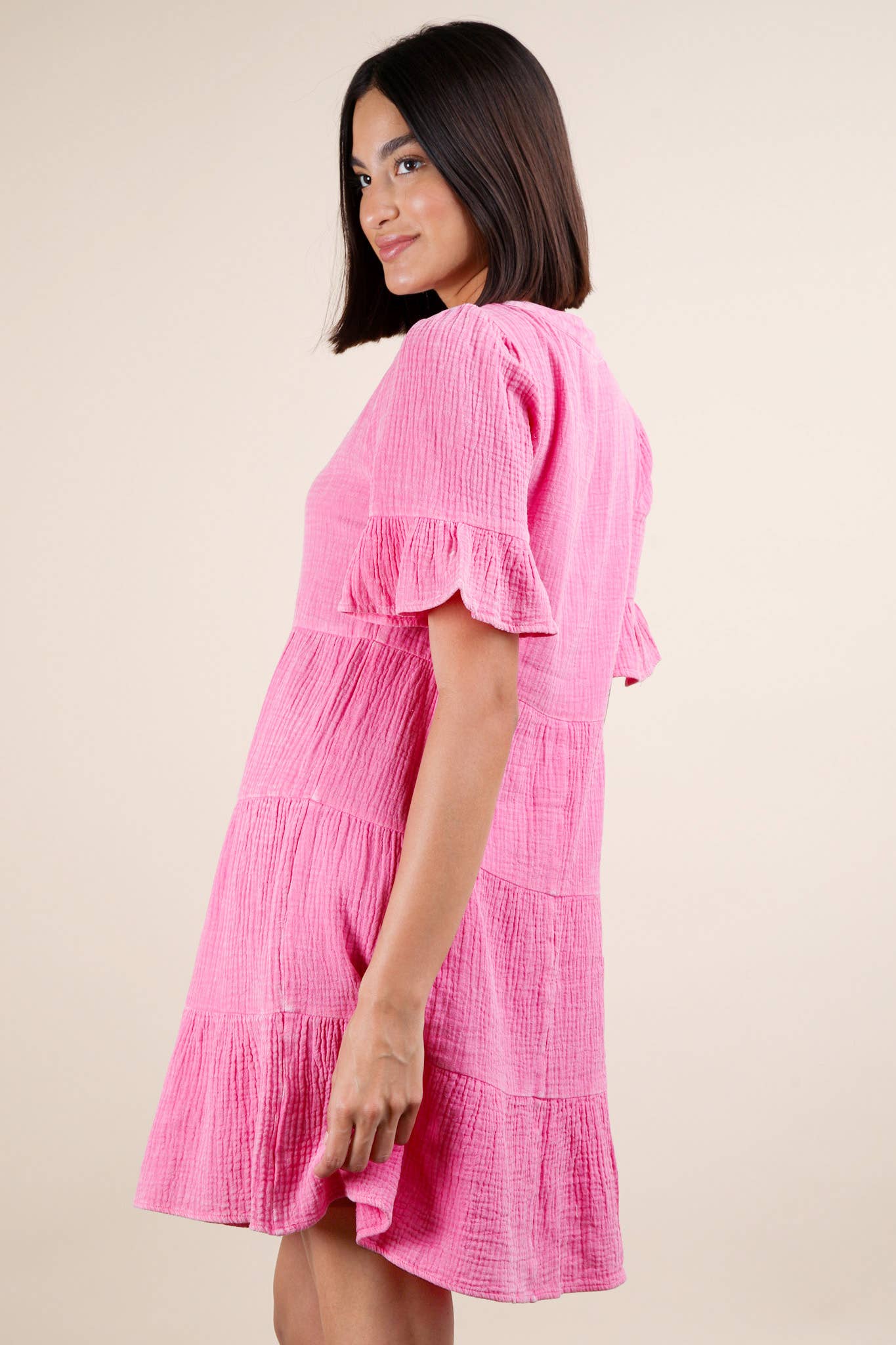 ND31579-Mineral Washed Baby Bell Sleeve Woven Mini Dress