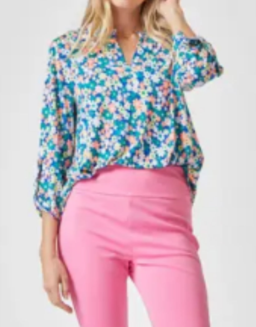 3/4 Sleeve Blue Floral Top