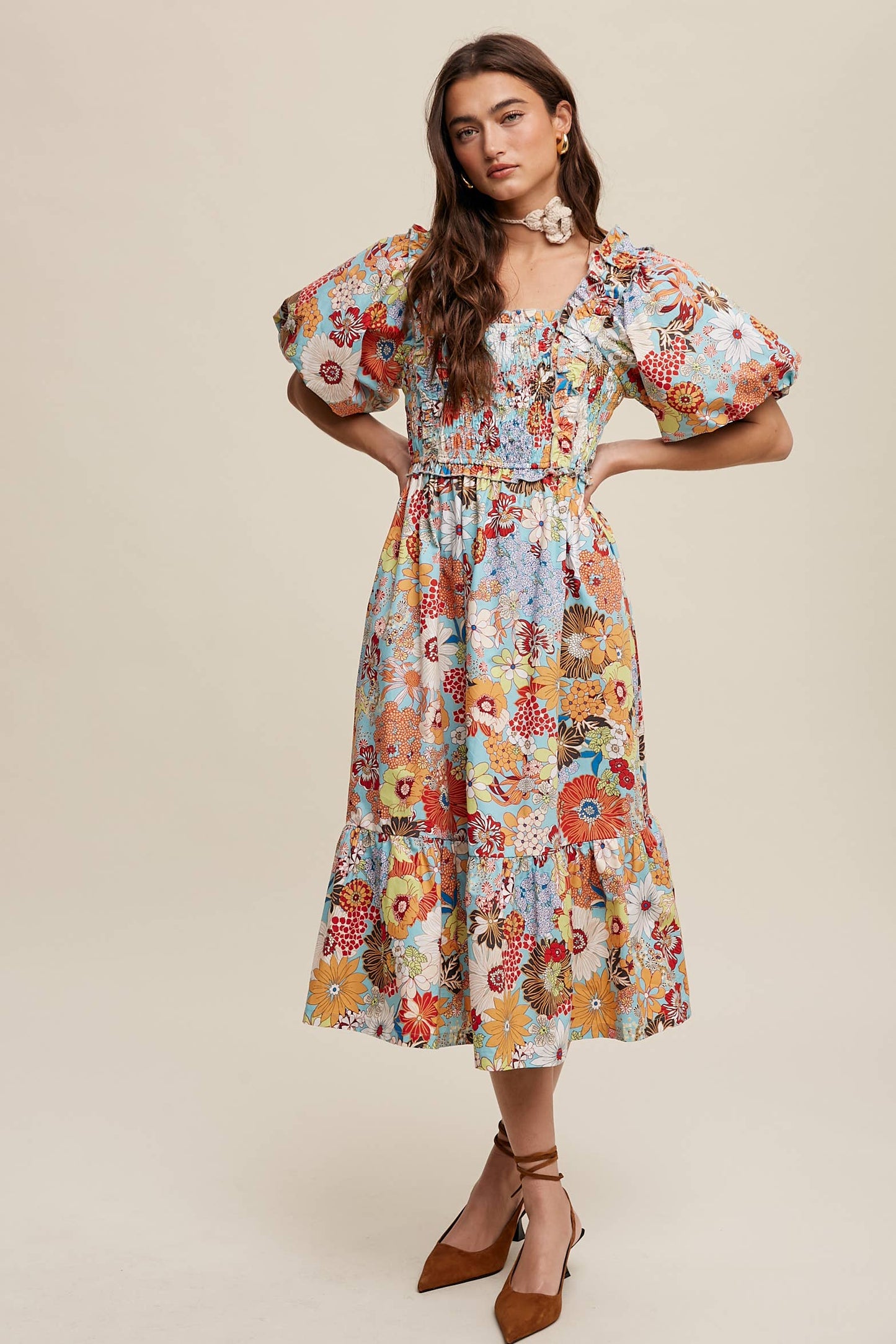 Vintage Flower Print Puff-Sleeve Midi Dress