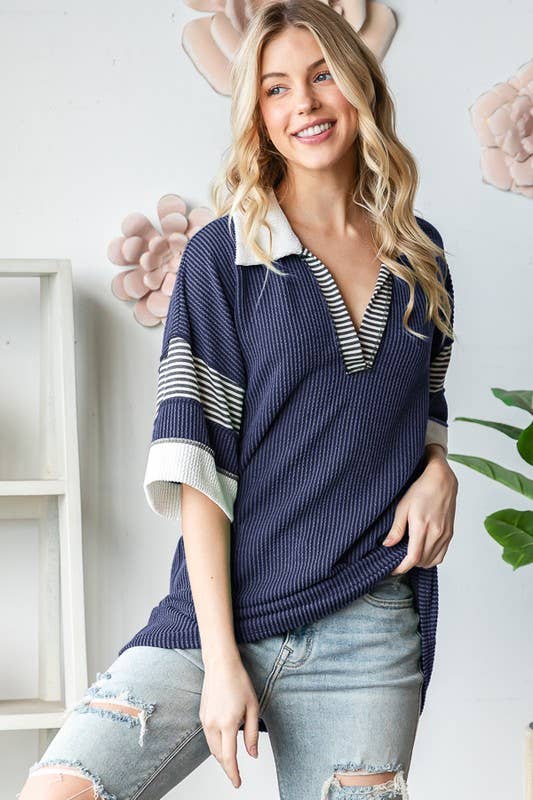 BASIC COLLAR URBAN RIBBED CONTRAST TOP