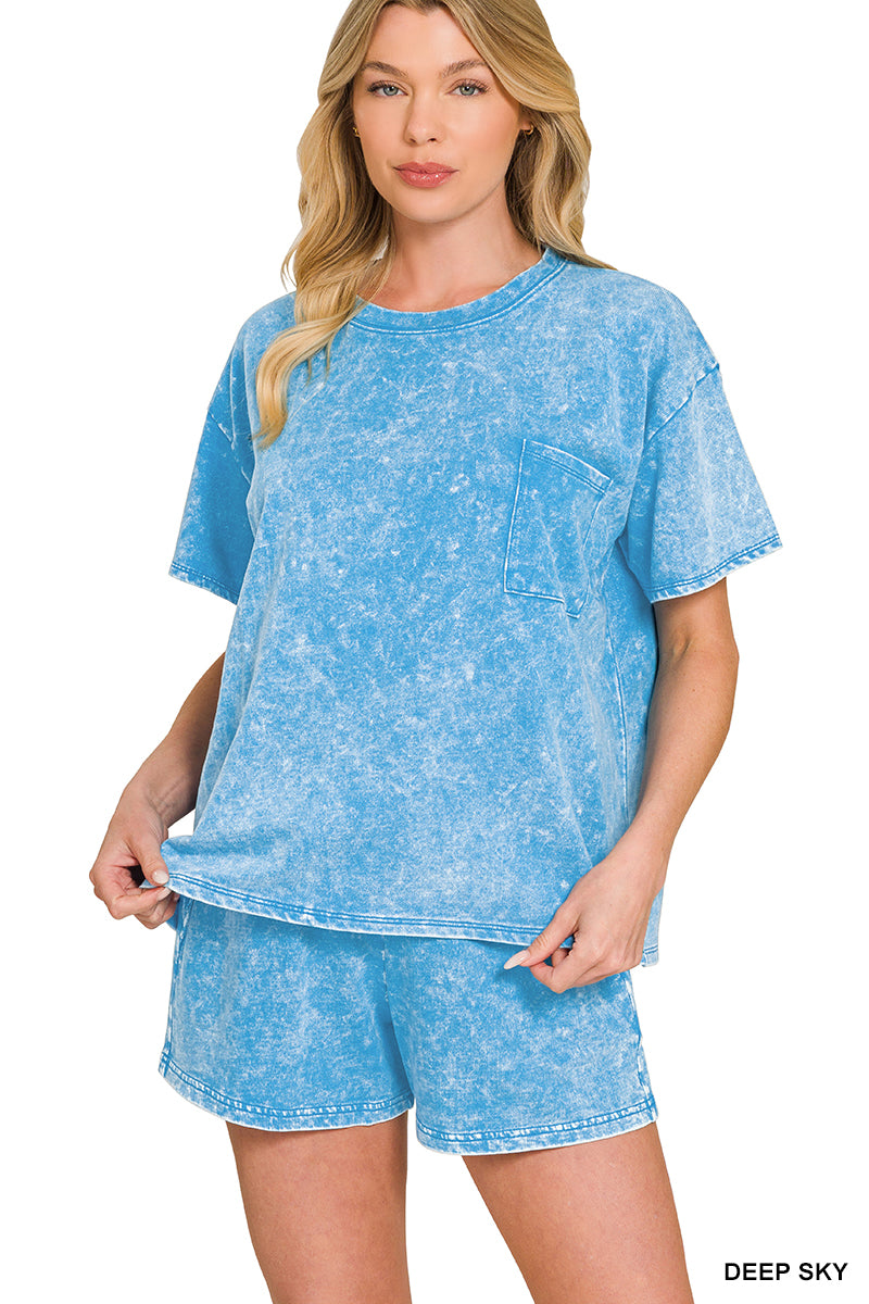 Acid Wash Round Neck Shorts Set