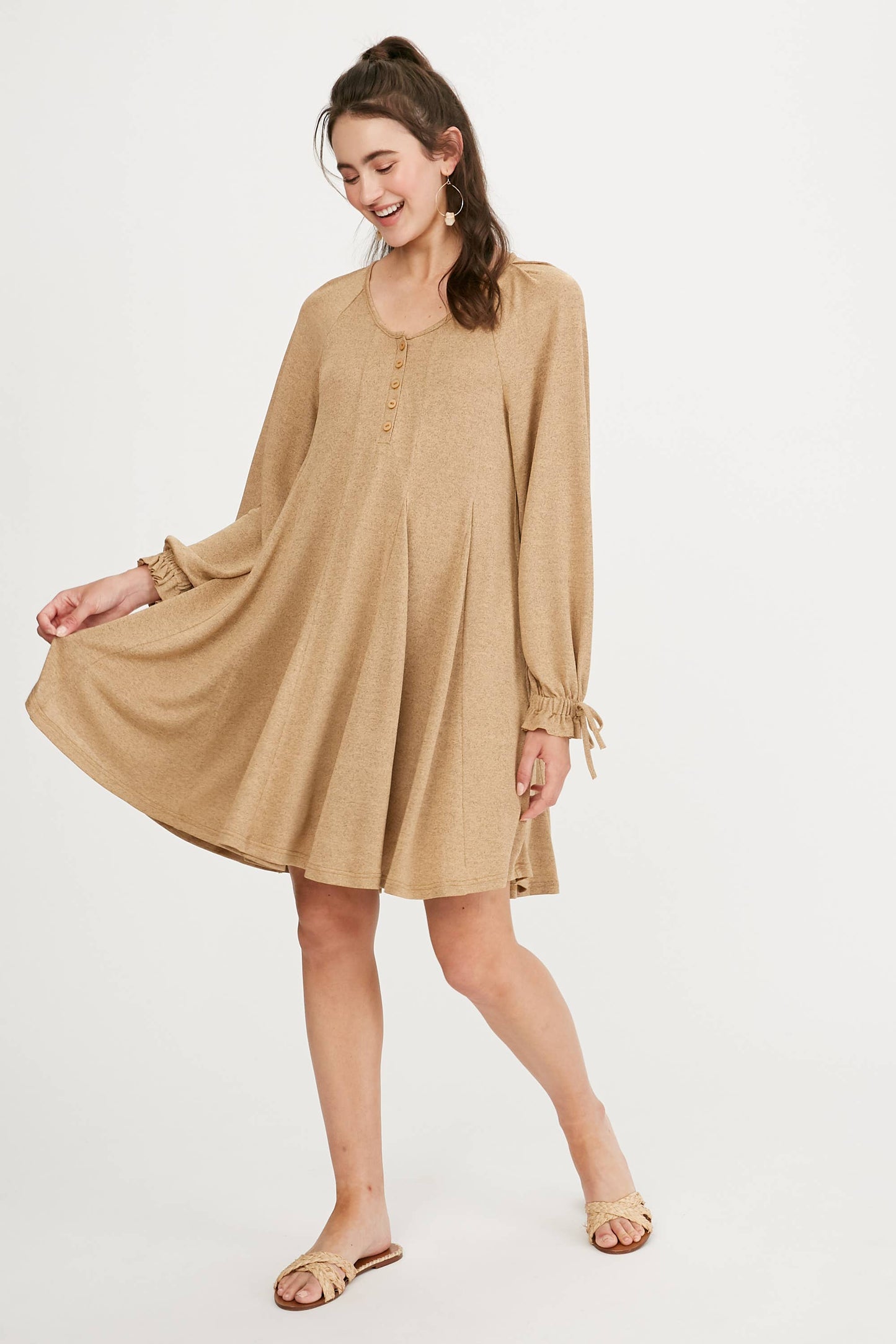 Drawstring Cuff Knit Babydoll Dress LD0804