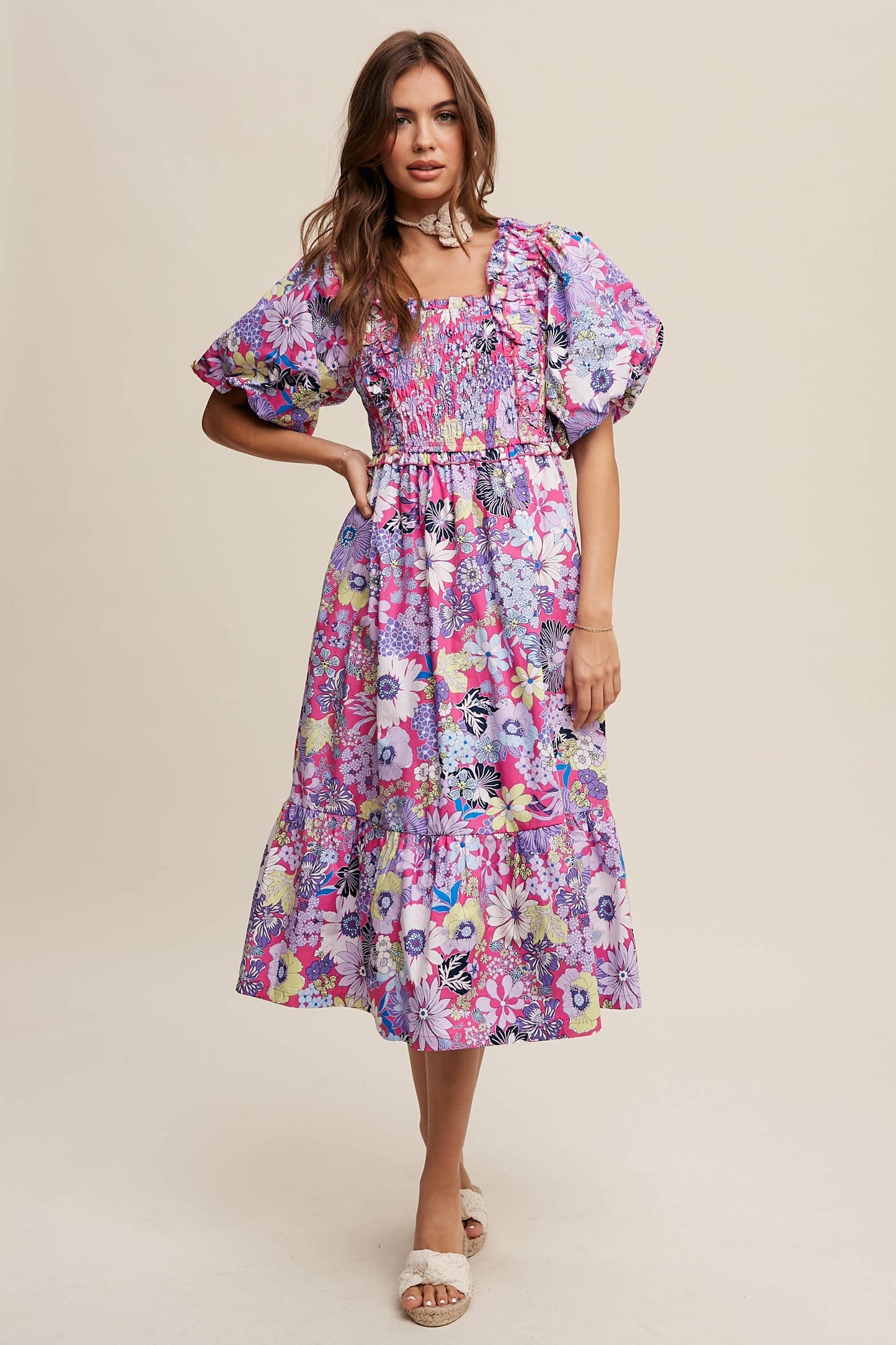 Vintage Flower Print Puff-Sleeve Midi Dress
