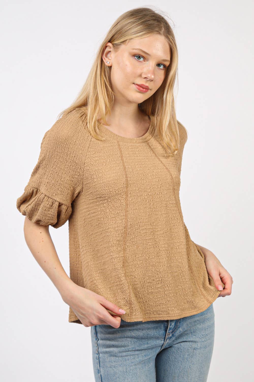 NT11467-Half Puff Sleeve Crinkle Knit Top