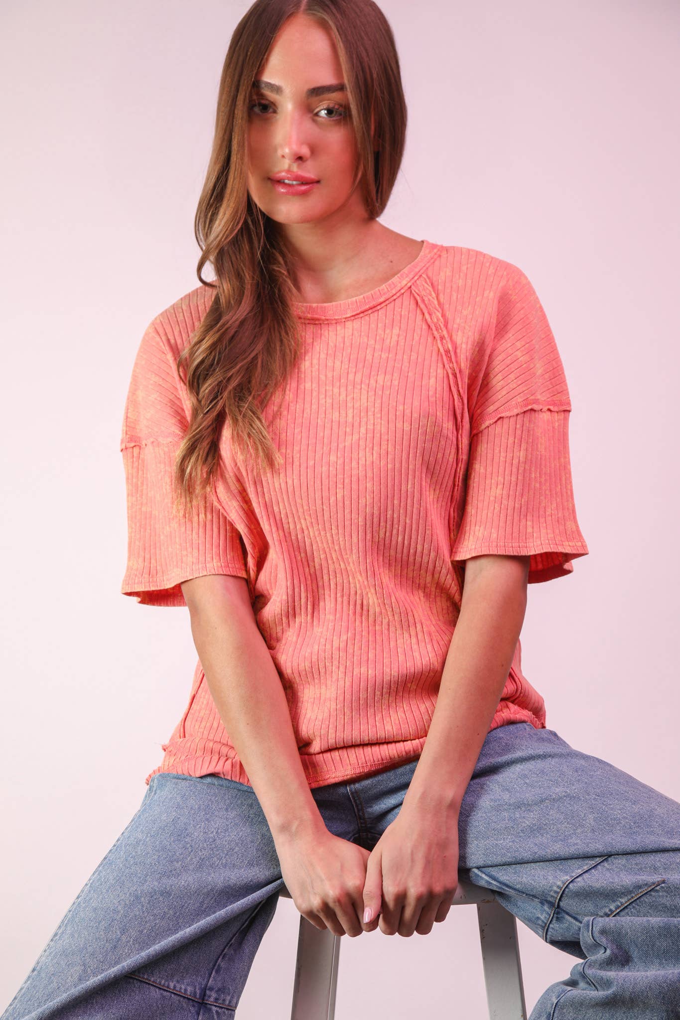 NT12086X-PLUS SIZE Mineral Washed Ribbed Knit Casual Top