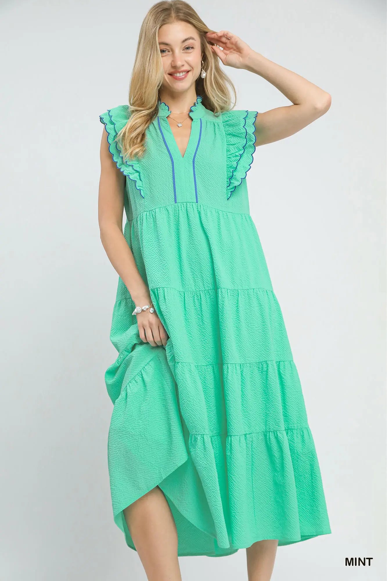 Mint Ruffle Sleeve Tiered Midi Dress