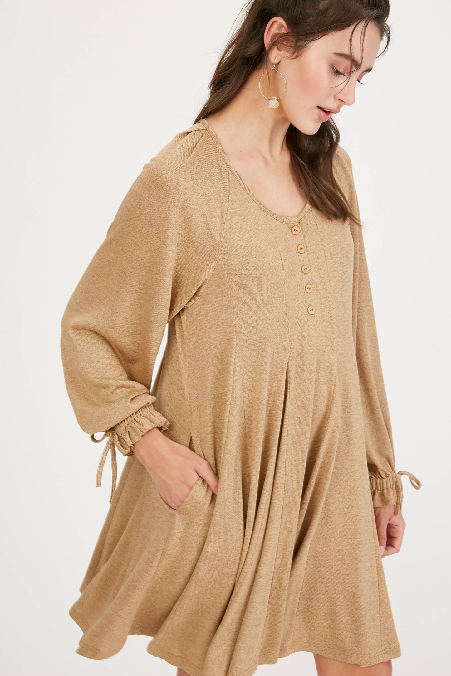 Drawstring Cuff Knit Babydoll Dress LD0804
