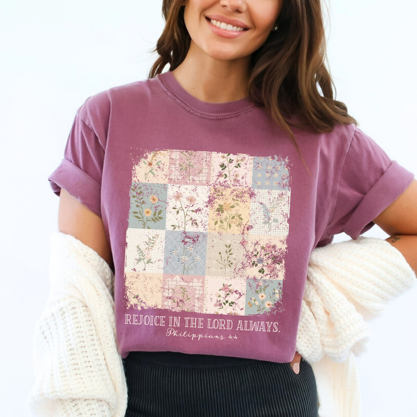 Rejoice In The Lord Always Vintage Floral Comfort Colors Tee