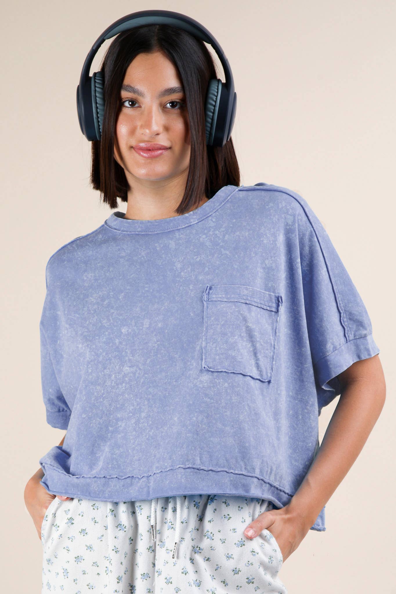 NT11429-Mineral Washed Oversized Crop Comfy Knit Top