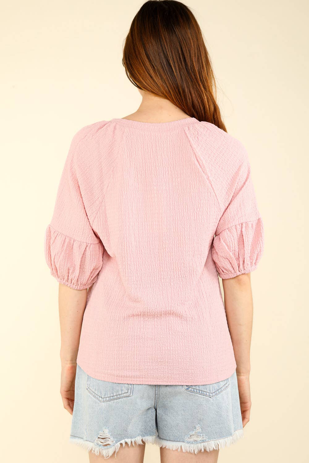 NT11467-Half Puff Sleeve Crinkle Knit Top
