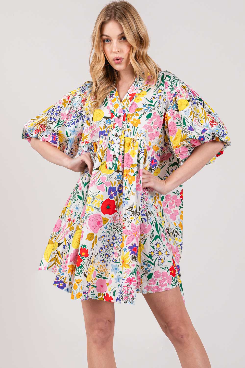 HALF BUTTON BUBBLE SLEEVE FLORAL MIDI DRESS