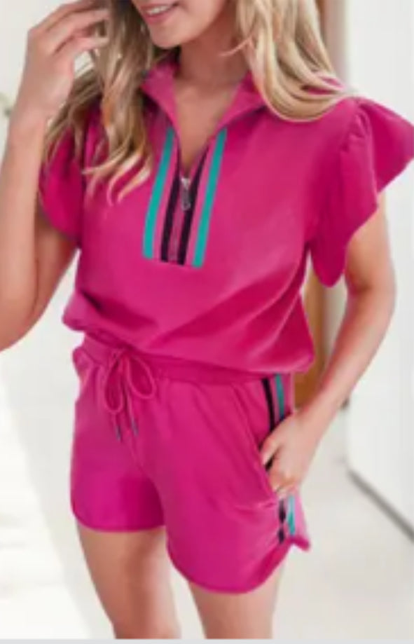 Pink Colorblock Flutter Sleeve Set