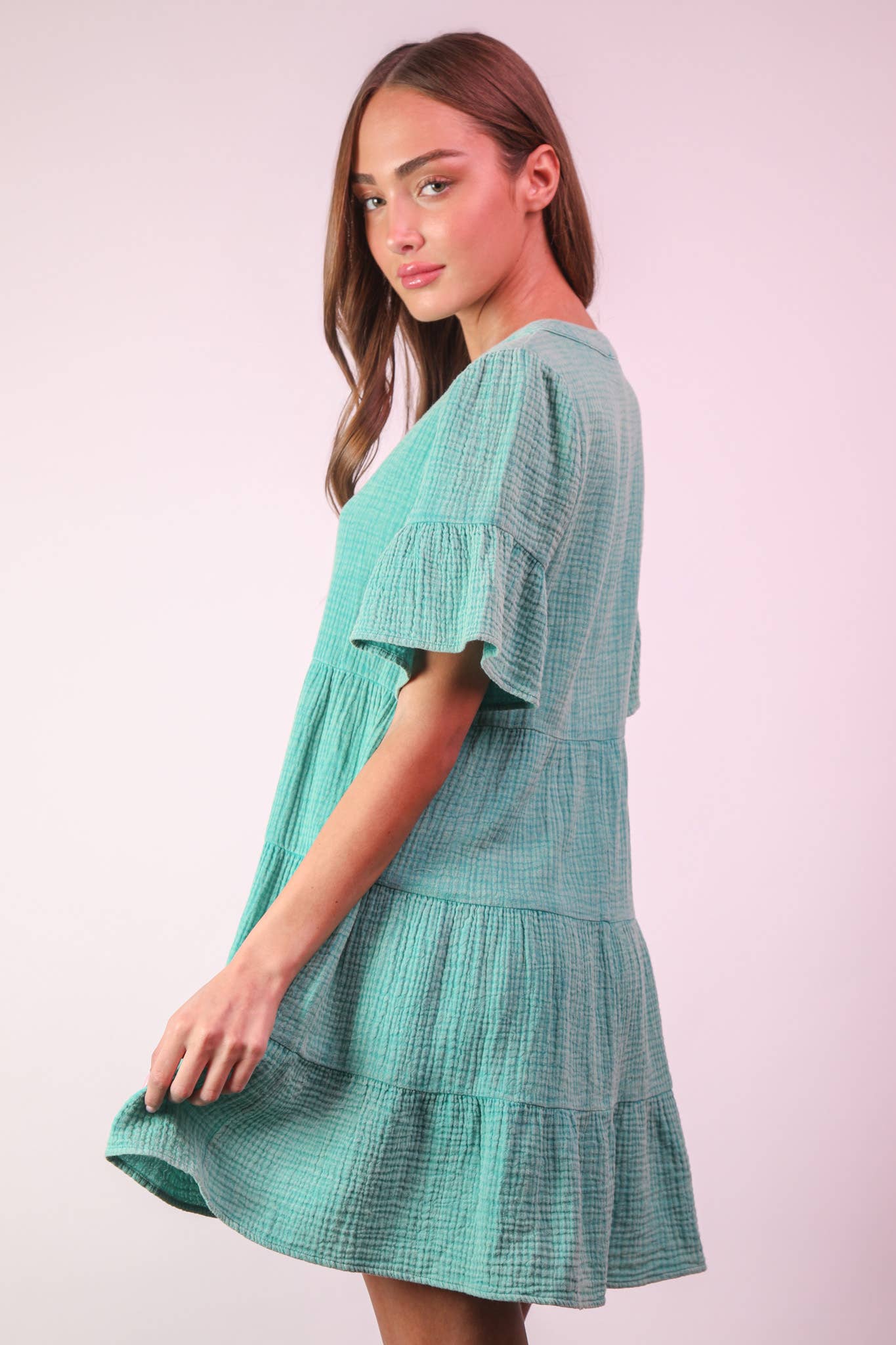 ND31579-Mineral Washed Baby Bell Sleeve Woven Mini Dress