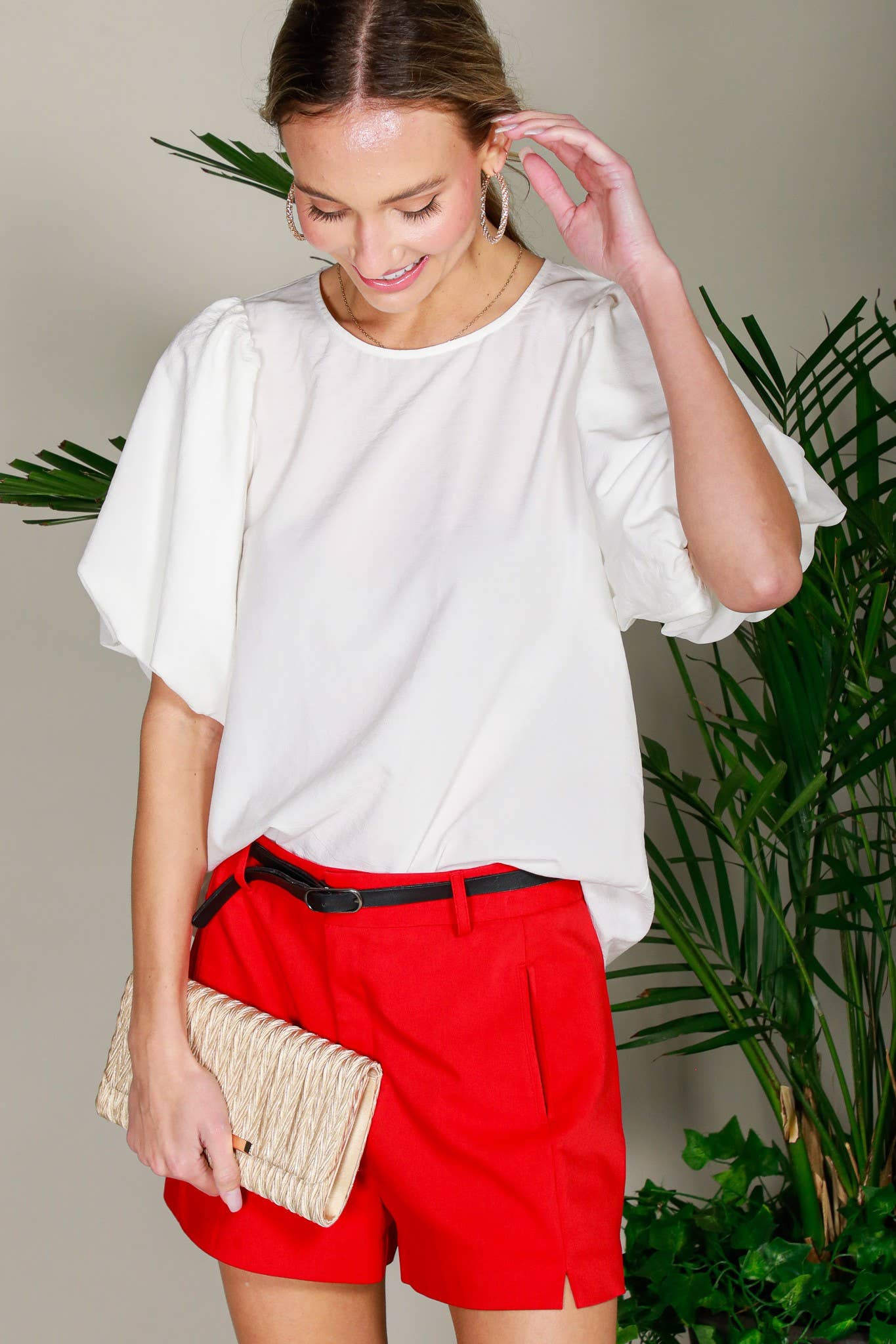 Round Neck Short Bubble Sleeve Woven Blouse Top VT81715B