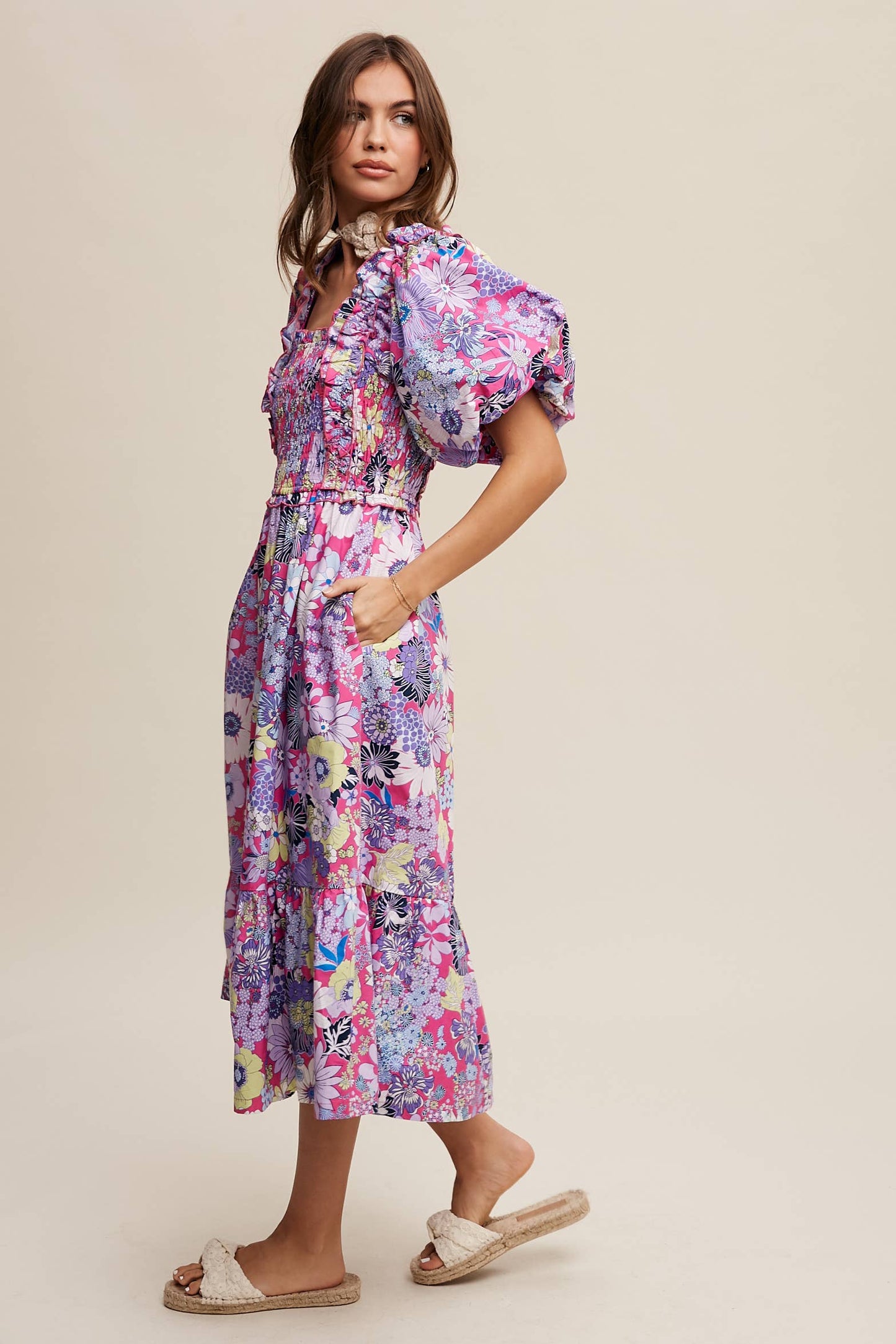 Vintage Flower Print Puff-Sleeve Midi Dress