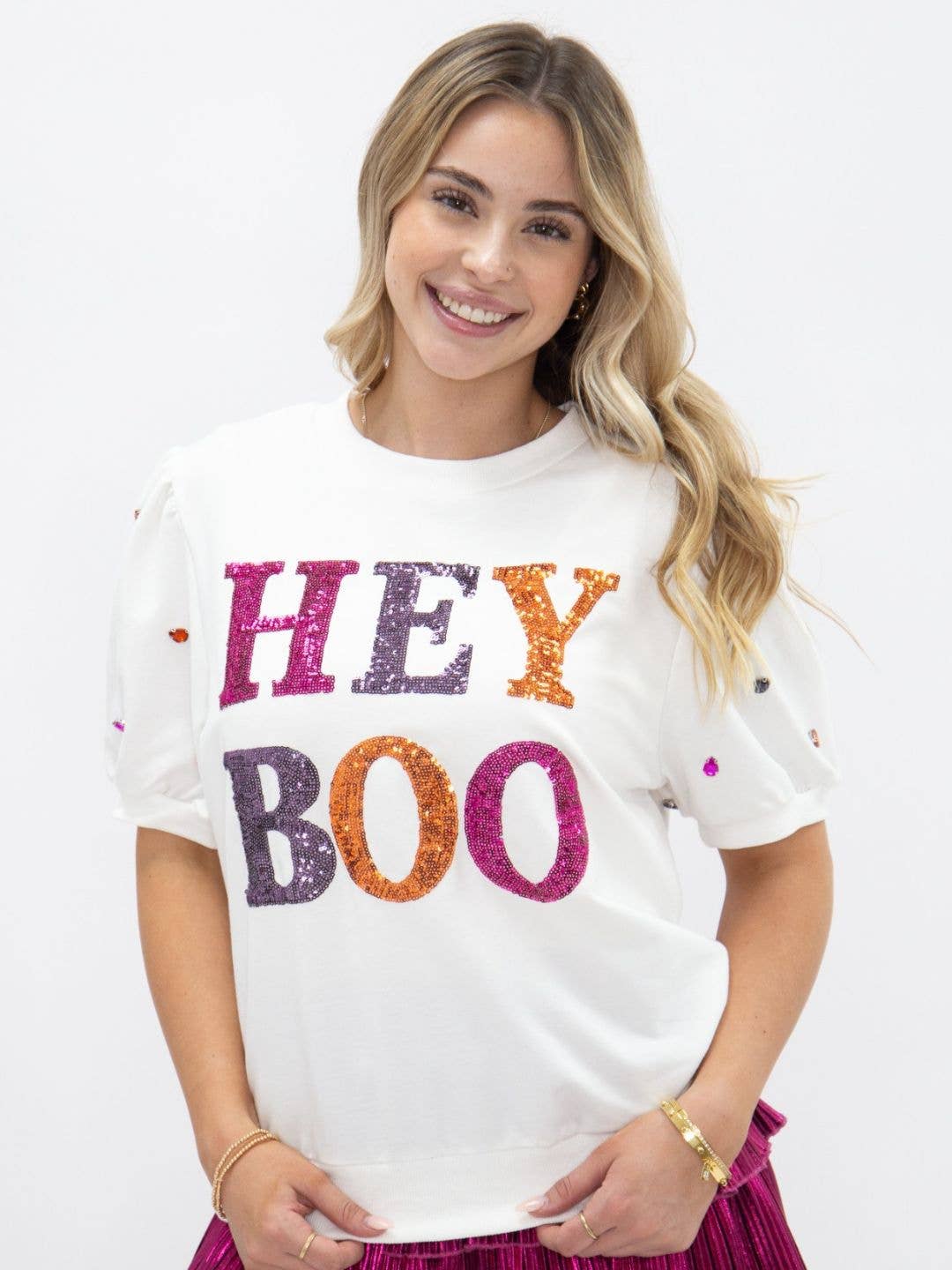 Sequin 'Hey Boo' on Puff Sleeve Tee, White