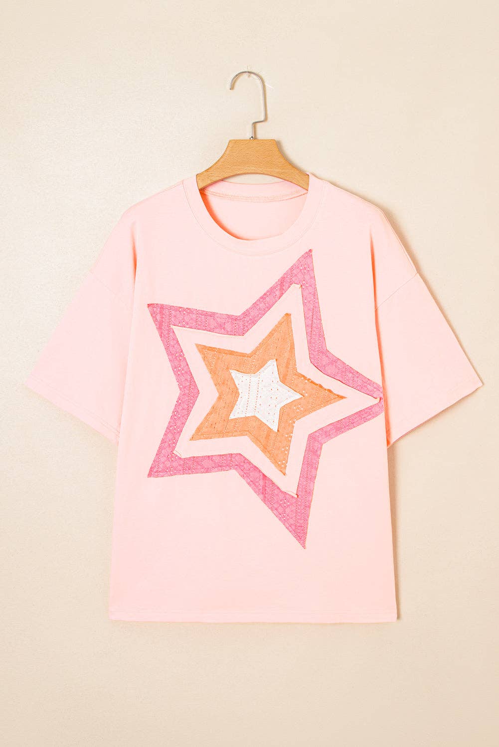 Light Pink Eyelet Lace Star Applique Plus Size T Shirt