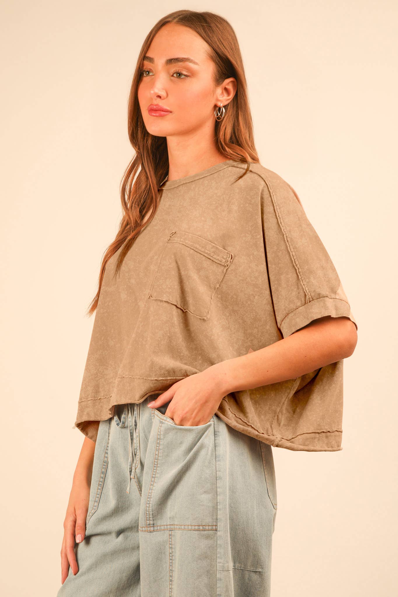 NT11429-Mineral Washed Oversized Crop Comfy Knit Top
