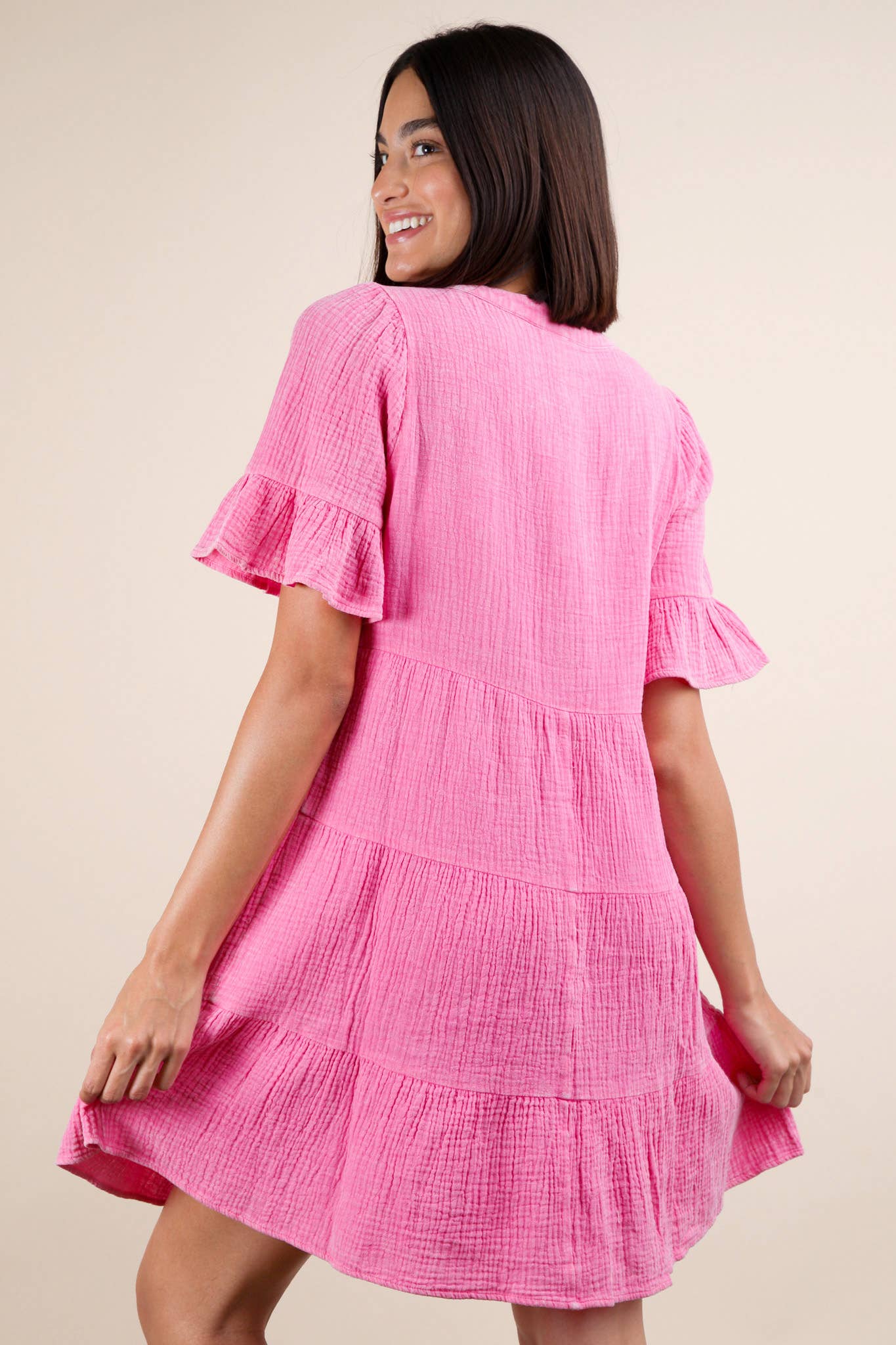 ND31579-Mineral Washed Baby Bell Sleeve Woven Mini Dress