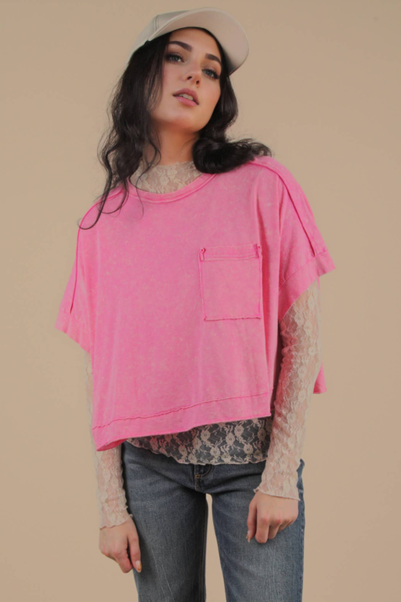 NT11429-Mineral Washed Oversized Crop Comfy Knit Top