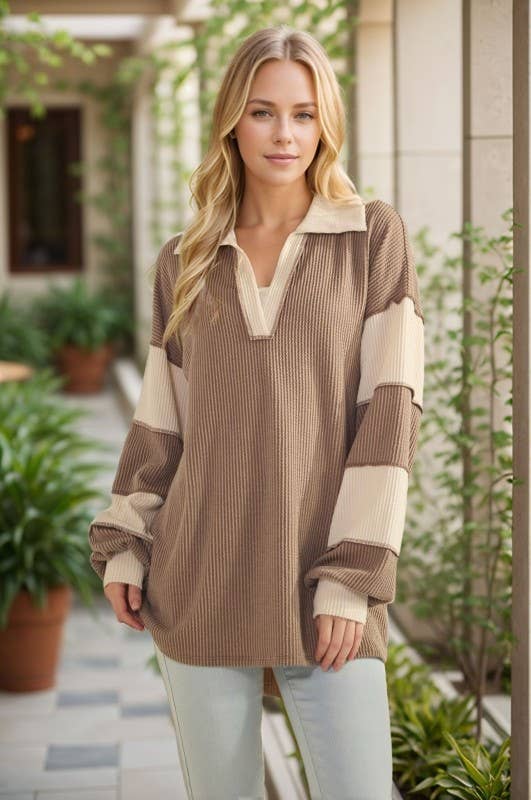 LONG SLEEVE MANDARIN COLLAR SOLID CONTRAST TOP