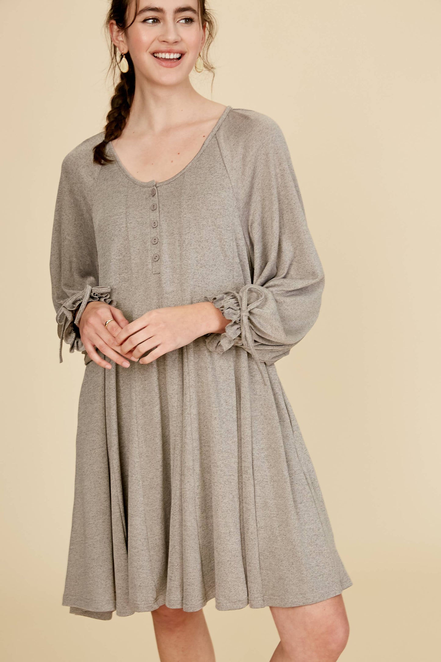 Drawstring Cuff Knit Babydoll Dress LD0804