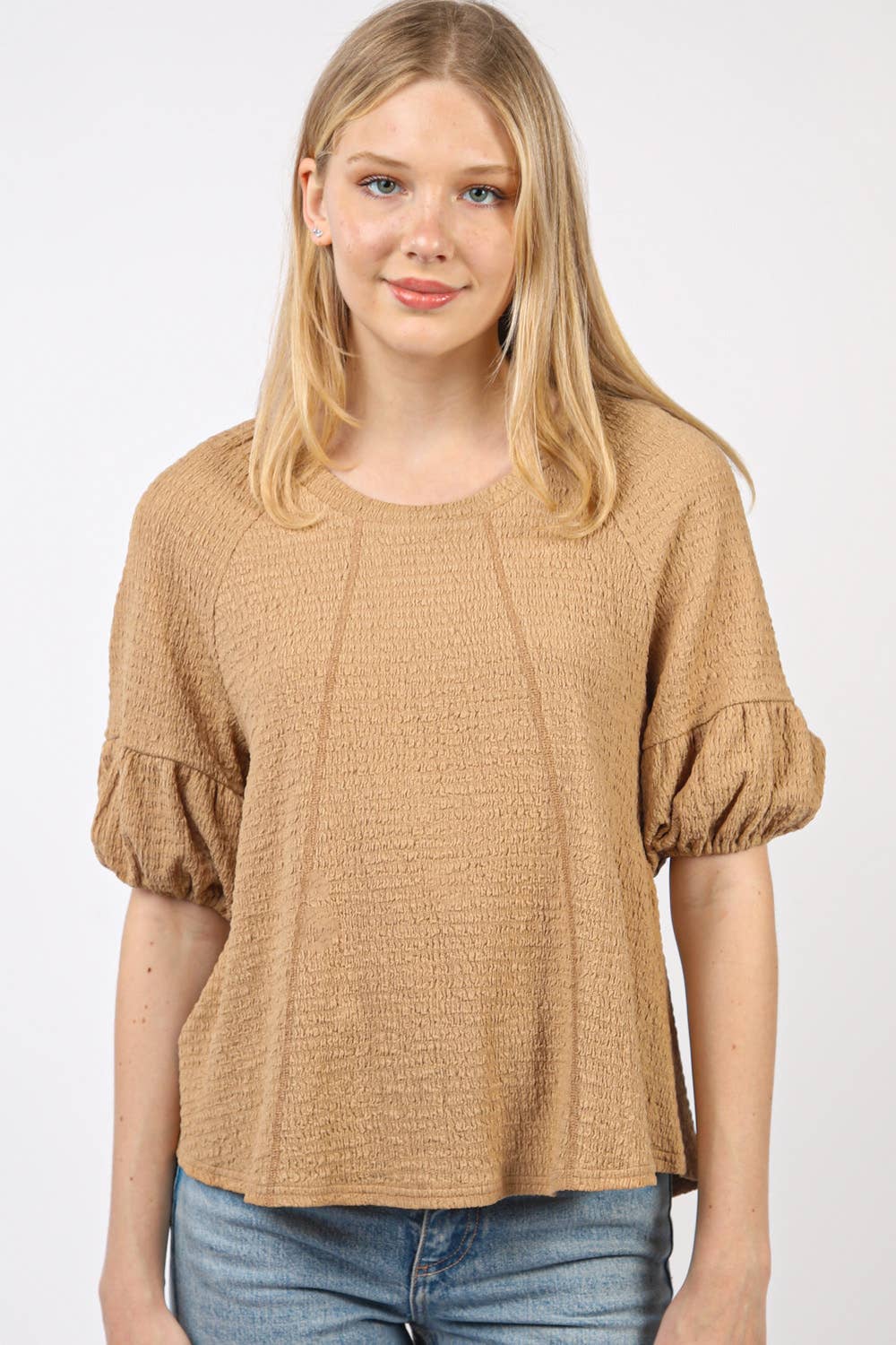 NT11467-Half Puff Sleeve Crinkle Knit Top