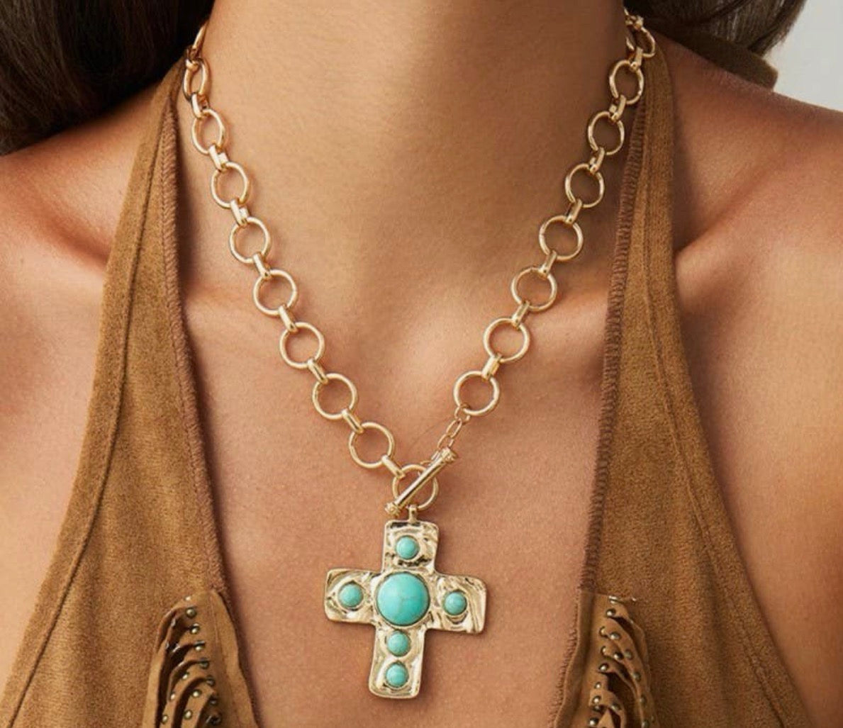 Turquoise & Gold Cross Necklace