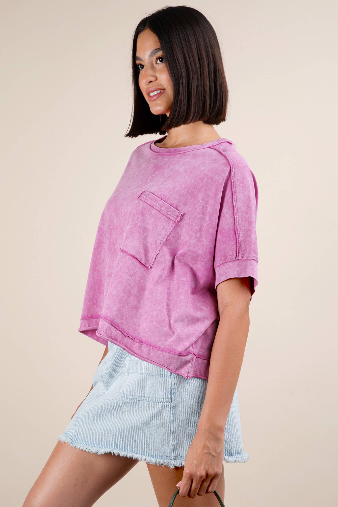 NT11429-Mineral Washed Oversized Crop Comfy Knit Top