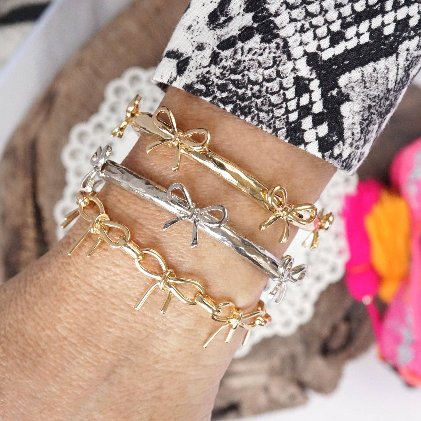 Bow Bangle Bracelet - Gold Silver Tone