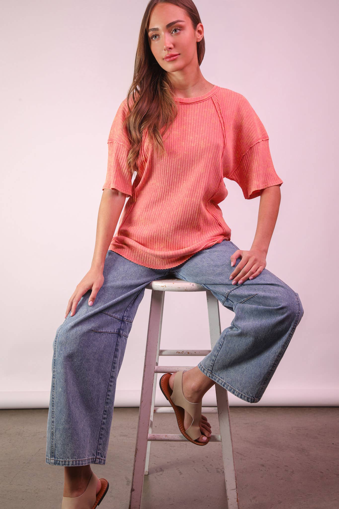 NT12086X-PLUS SIZE Mineral Washed Ribbed Knit Casual Top
