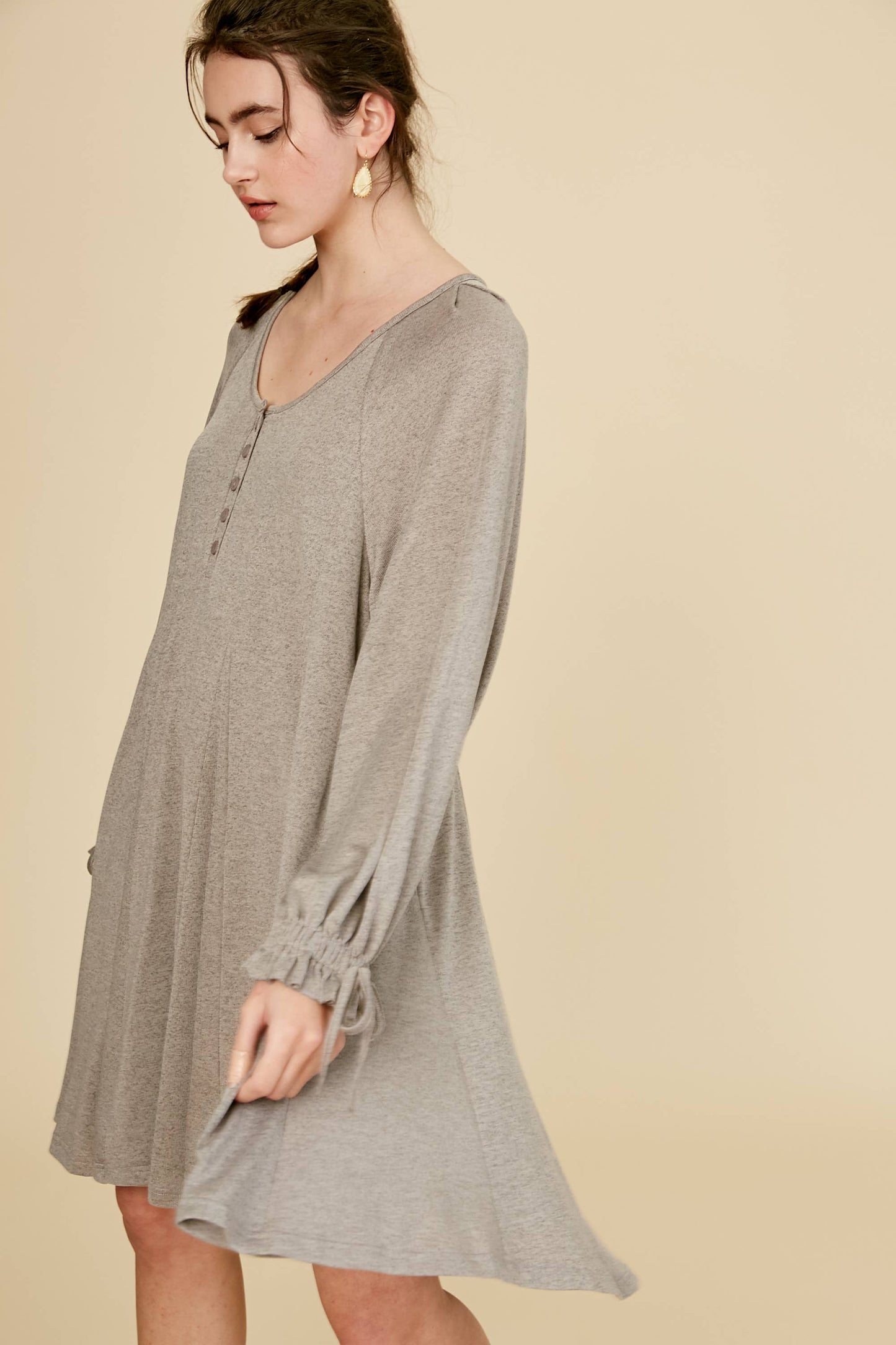 Drawstring Cuff Knit Babydoll Dress LD0804