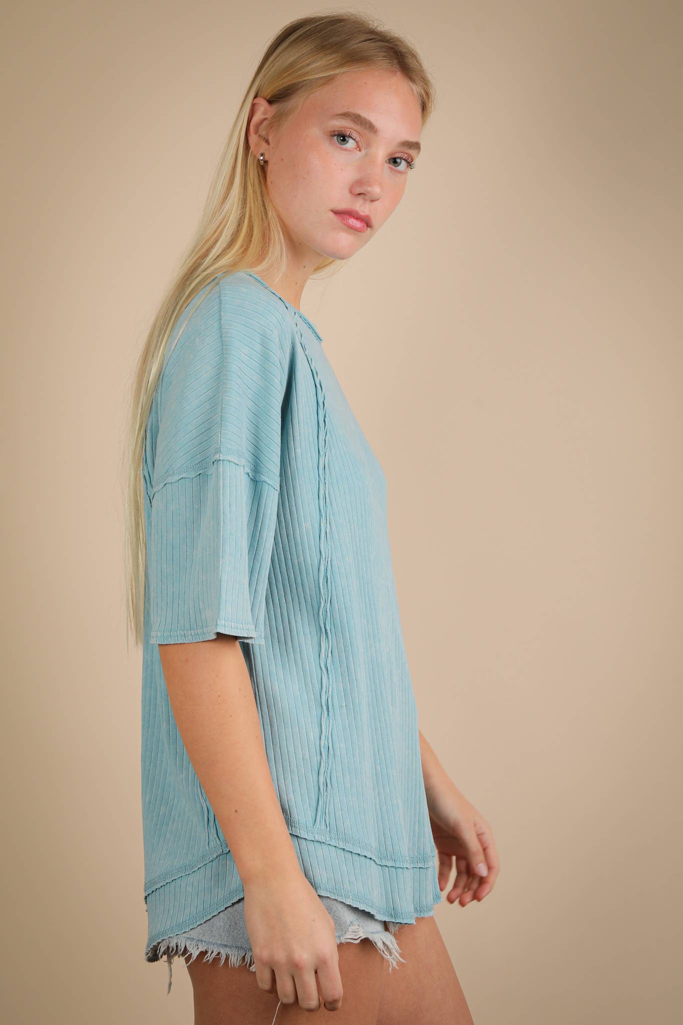 NT12086X-PLUS SIZE Mineral Washed Ribbed Knit Casual Top