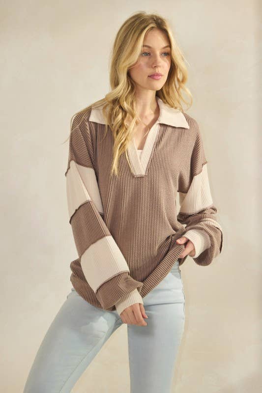 LONG SLEEVE MANDARIN COLLAR SOLID CONTRAST TOP