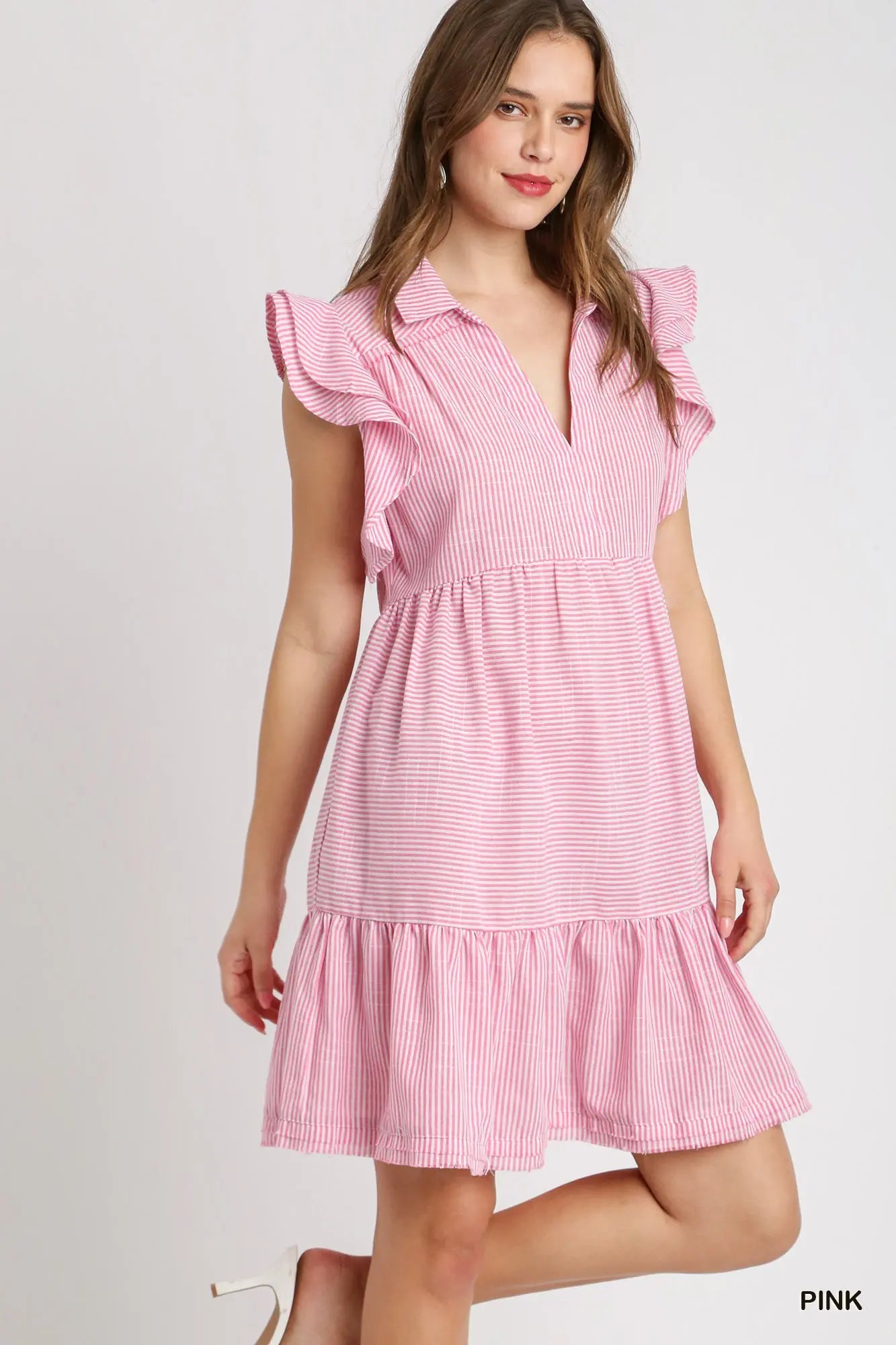 Pink Flutter Sleeve Striped Dress